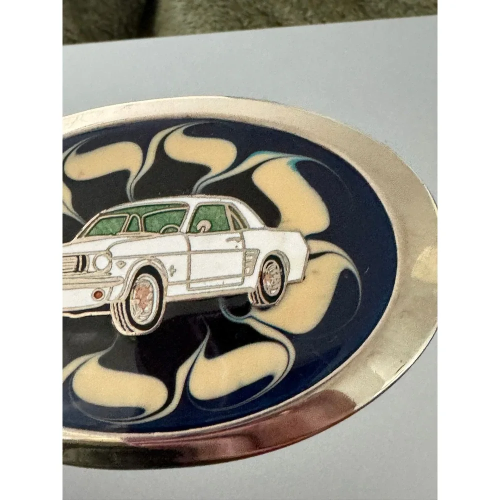 Vintage Ford Mustang Belt Buckle White Muscle Car Enamel Blue Swirl Oval Retro